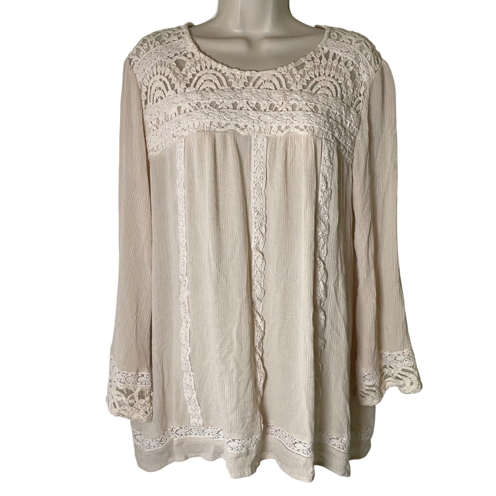 Indigo‎ Soul Crochet Peasant Blouse Top Large Cream Boho Romantic Ethereal Gauzy
